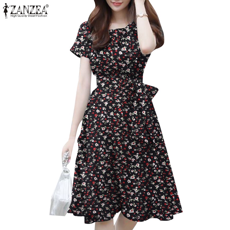 Zanzea phụ nữ hàn quốc hàng ngày thắt lưng có thể tháo rời hoa cổ tròn váy ngắn tay