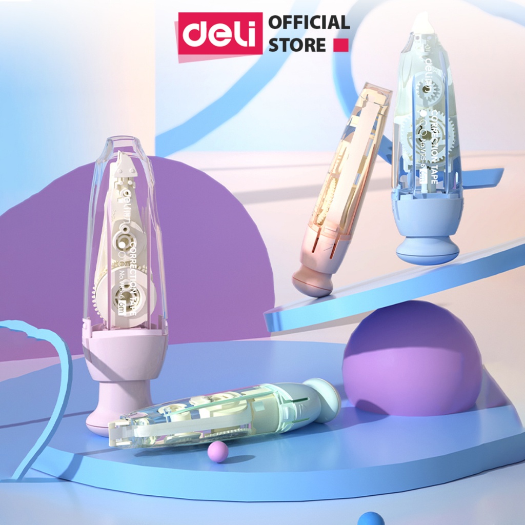 Bút xóa băng có nút bấm 6M Deli - Xóa sạch phủ kín khô nhanh, có thể viết đè lên ngay - Băng kéo cho học sinh, văn phòng