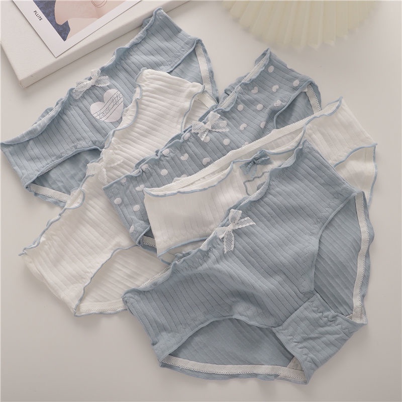 Bộ 5 Quần Lót Cotton Màu Xanh Dương Trơn Lưng Vừa Cỡ Lớn Phong Cách Nhật Bản Đơn Giản Cho Nữ