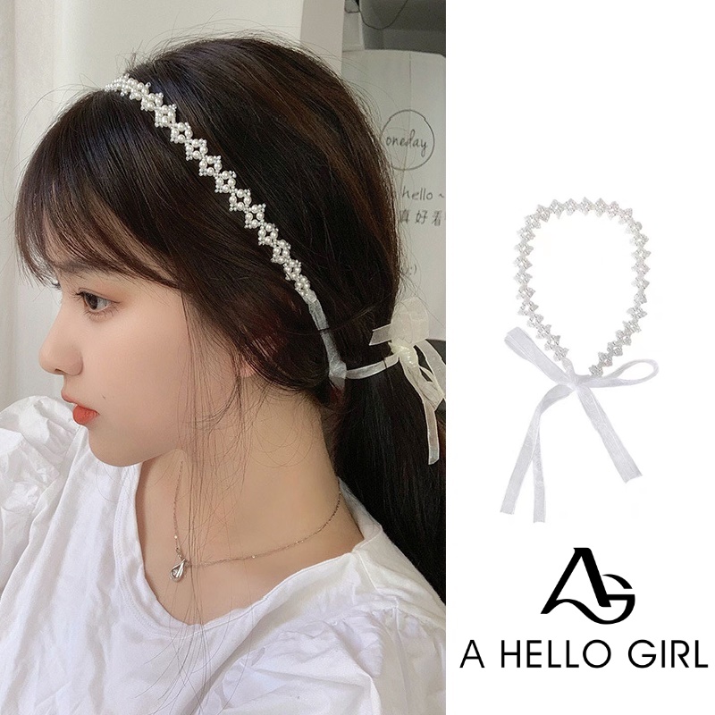 Ahellogirl Dây Buộc Tóc Trang Trí Hoa Đính Ngọc Trai Xinh Xắn Dành Cho Nữ