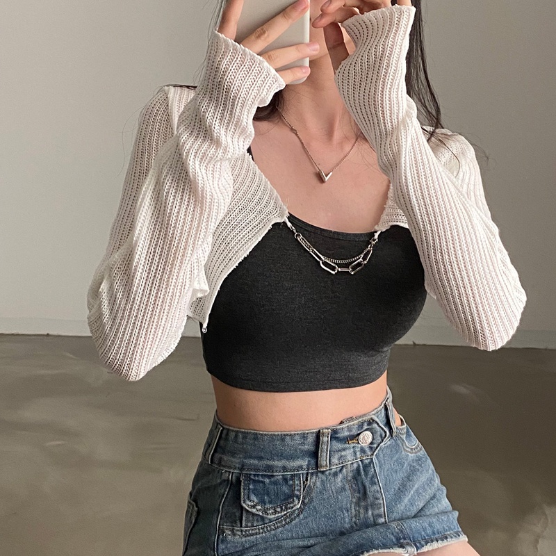 Bộ Đồ Hóa Trang Cô Gái Ngày Hôm Nay Xinh Xắn|Áo Khoác Cardigan Lụa Lạnh Màu Đen + Áo Hai Dây Mỏng Hở Lưng Phong Cách Hàn Quốc Cho Nữ