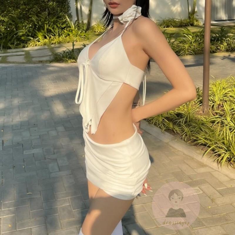 Set Áo Tank Top Trễ Vai + Chân Váy Ngắn Xếp Li Thời Trang Cho Nữ