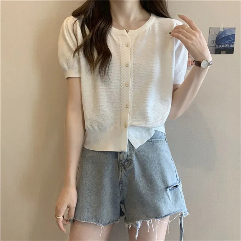 Áo Cardigan Dệt Kim Tay Ngắn Cổ Tròn Mềm Mại Màu Trơn Dành Cho Nữ