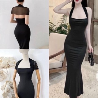 Đầm ôm body nữ kiểu đuôi cá phối lưới dây choàng cổ chất vải thun xốp FreeSize