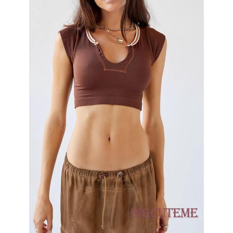 Áo Thun Crop Top Ôm Dáng Cổ Chữ V Màu Sắc Tương Phản Thời Trang Mùa Hè Cho Nữ