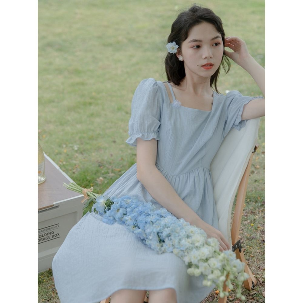 Đầm Voan Dài Tay Phồng Cổ Vuông Thời Trang Mùa Hè Dành Cho Nữ