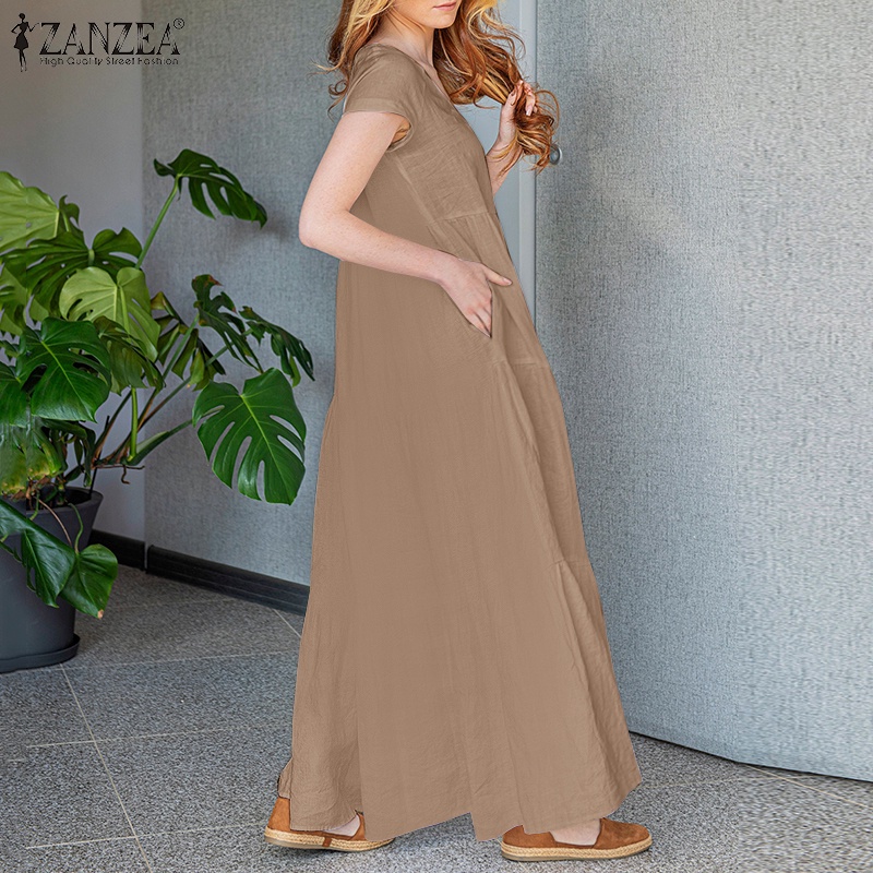 Đầm ZANZEA tay ngắn nhiều tầng màu trơn thời trang nữ tính