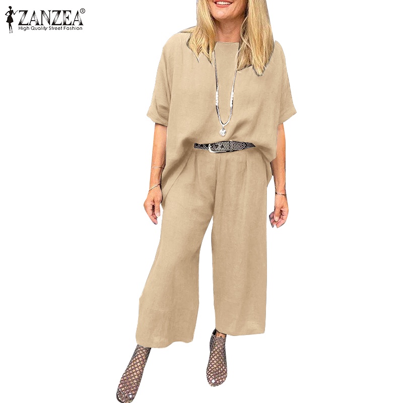 Zanzea Set Áo Kiểu Cổ Tròn Tay Lỡ + Quần Dài Lưng Thun Thời Trang Nữ