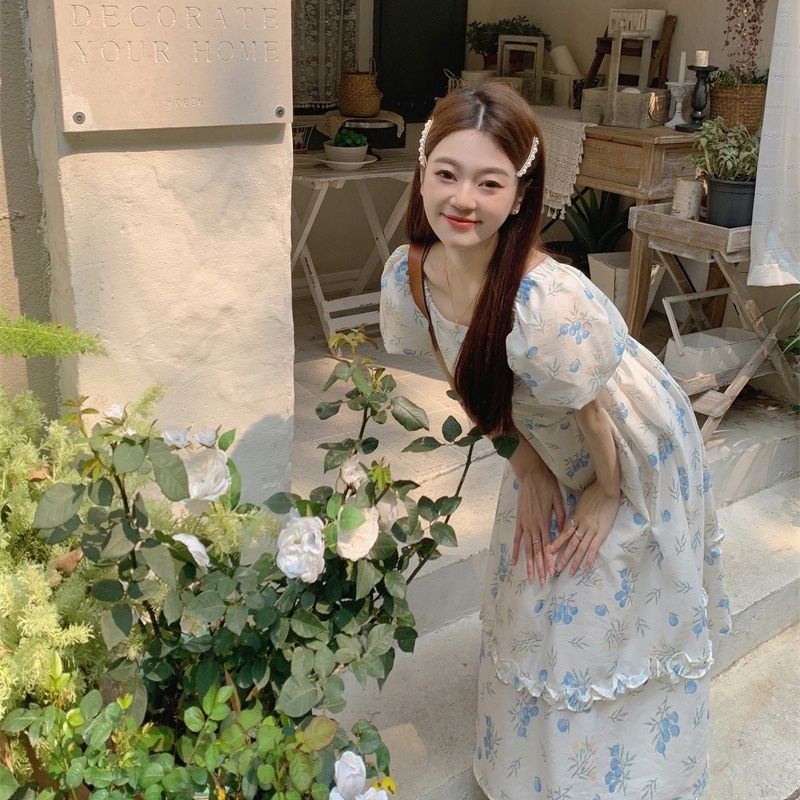 Đầm Hoa Tay Phồng Cổ Vuông Thời Trang Mùa Hè Pháp 2023