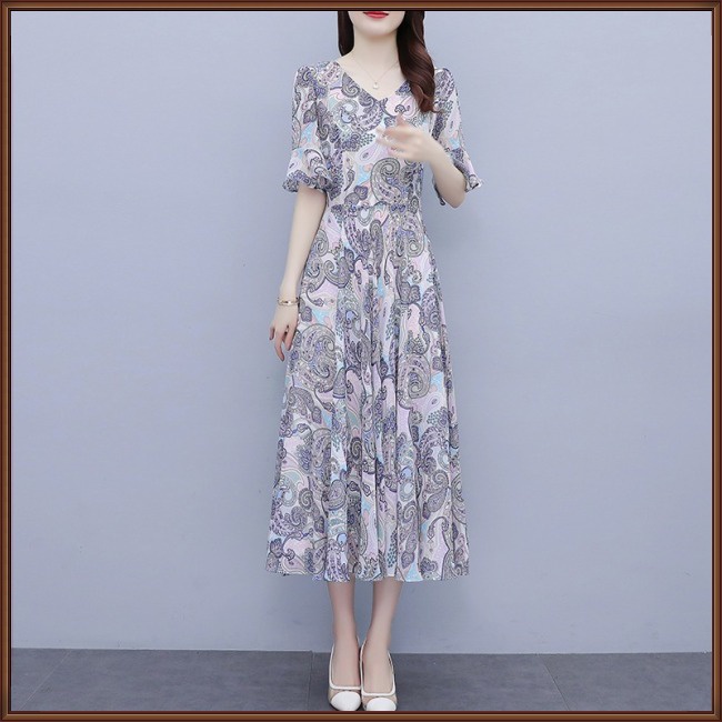 Đầm Midi Tay Ngắn Cổ Chữ V Bằng Lụa Lạnh In Họa Tiết Hoa Thời Trang Mùa Hè Cho Nữ