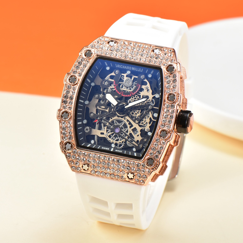 Đồng hồ đeo tay máy quartz nam dây cao su mặt đính kim cương thời trang