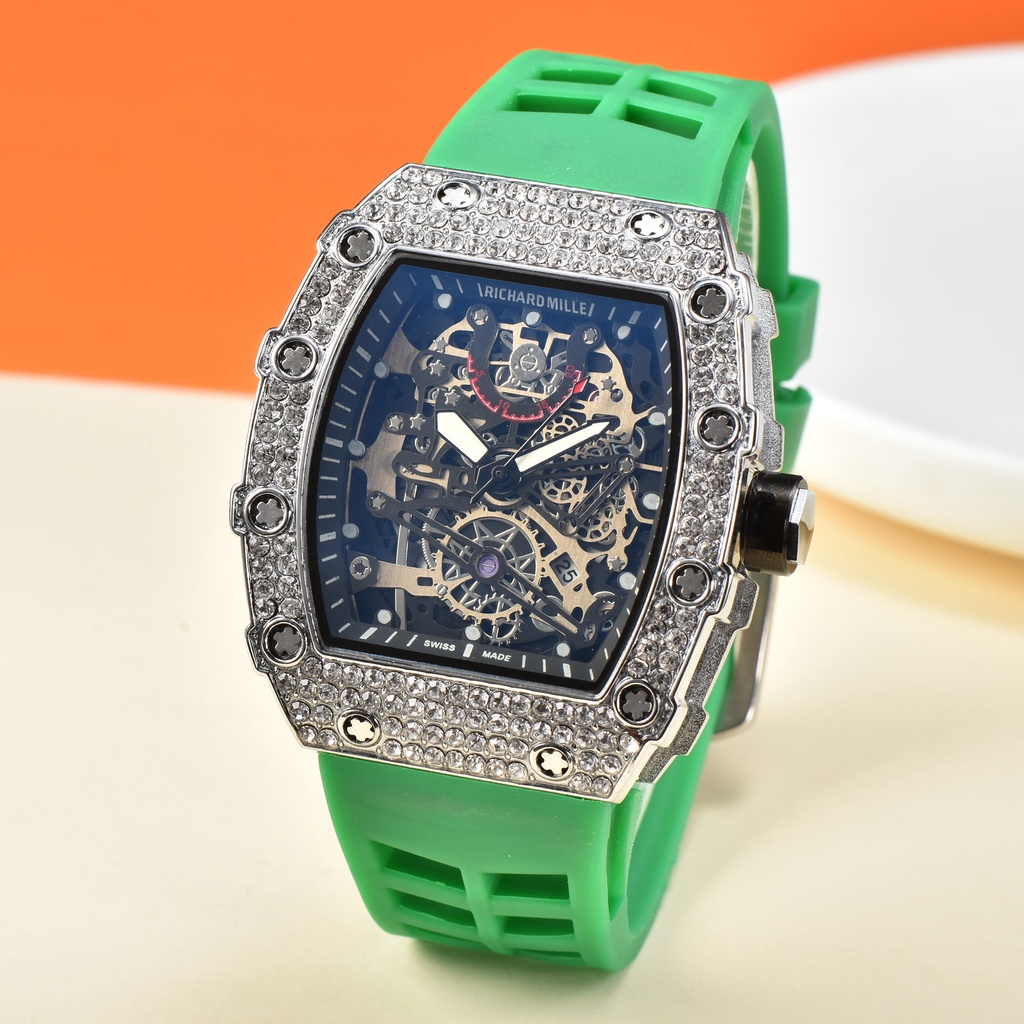 Đồng hồ đeo tay máy quartz nam dây cao su mặt đính kim cương thời trang