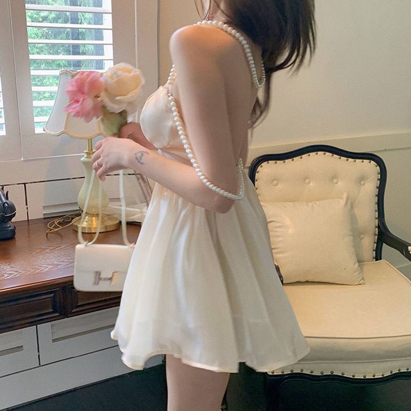 IELGY   Đầm Hai Dây Chiết Eo Nhẹ Nhàng Đính Ngọc Trai Cảm Giác Kiểu Pháp Cho Nữ