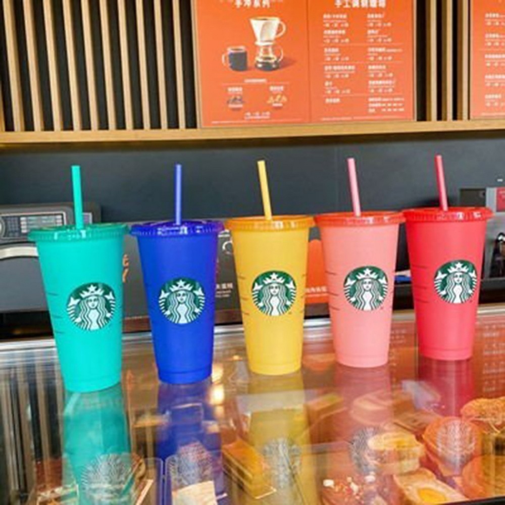 Cốc Uống Nước Starbucks Bằng Nhựa Đổi Màu Theo Nhiệt Độ Có Ống Hút Dung Tích 700ML