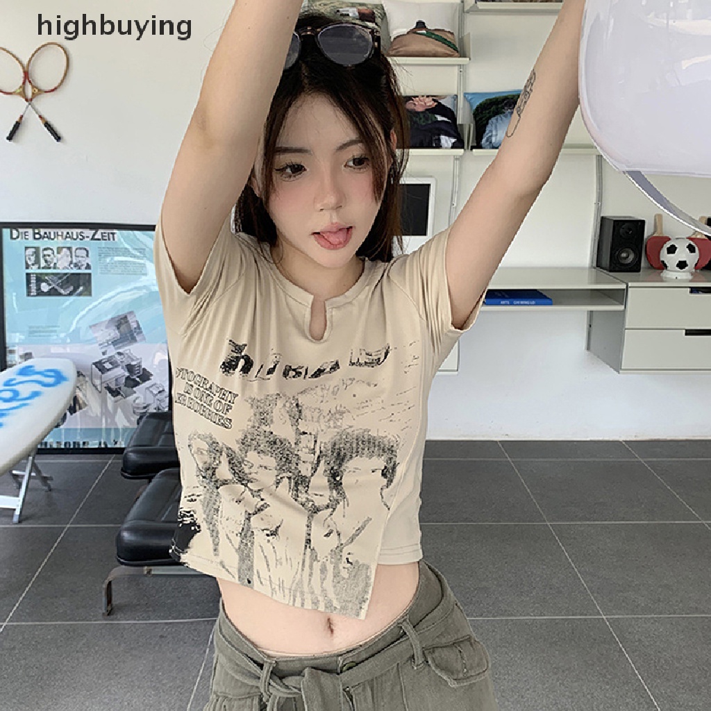 Áo Thun Lửng Ngắn Tay Cổ Chữ V In Họa Tiết Retro Cho Nữ