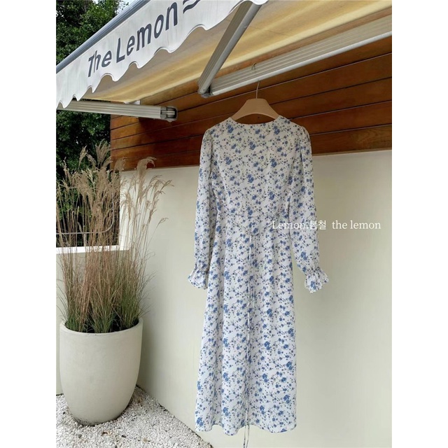 Đầm Nữ Tay Dài Cổ Chữ V In Hoa Phong Cách Hàn Quốc Thời Trang Mùa Xuân