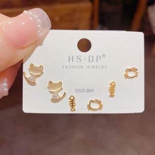 Bông tai hình mèo kitty / xương cá đính đá opal đơn giản dễ thương