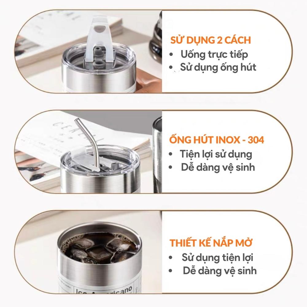 Cốc Giữ Nhiệt Inox Iced Americano Chuẩn inox 304 Cao Cấp - Tặng Kèm Ống Hút -Dung Tích 600ml Giữ Nhiệt Từ 8-12 Giờ