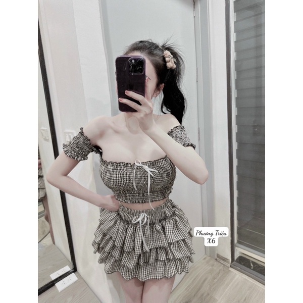 Set Bộ Caro Áo Croptop Nhún Bẹt Trễ Vai Đính Ruy Băng +  Quần Tầng alohashop91