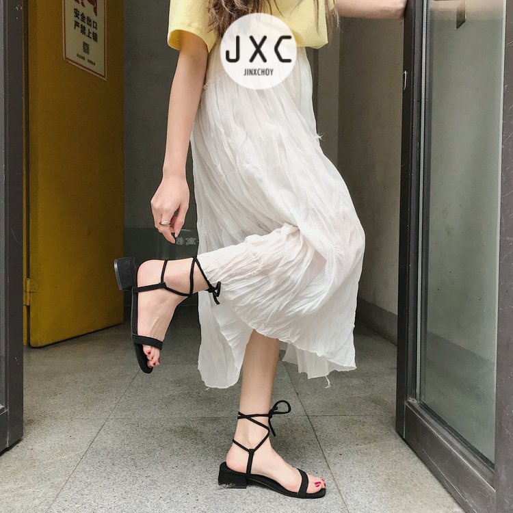 JINxCHOY Giày sandal mũi tròn phối dây thắt thời trang dành cho nữ JINXCHOY