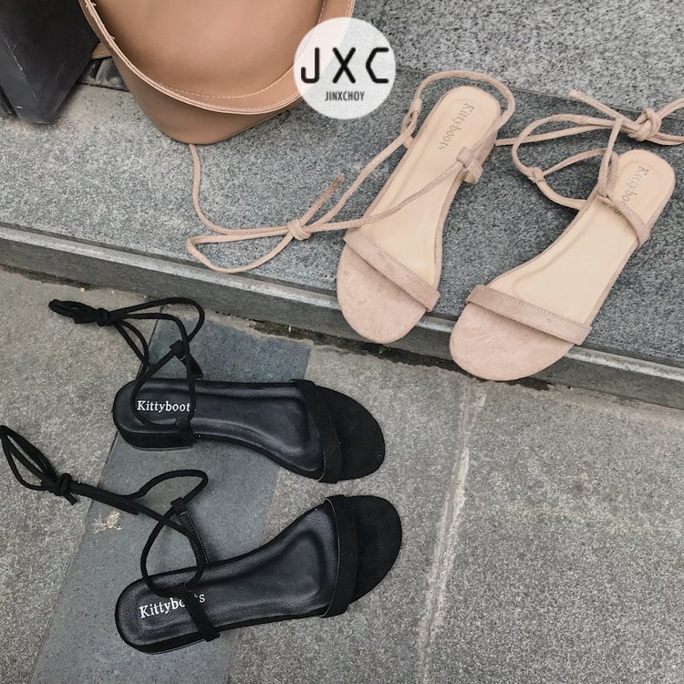 JINxCHOY Giày sandal mũi tròn phối dây thắt thời trang dành cho nữ JINXCHOY