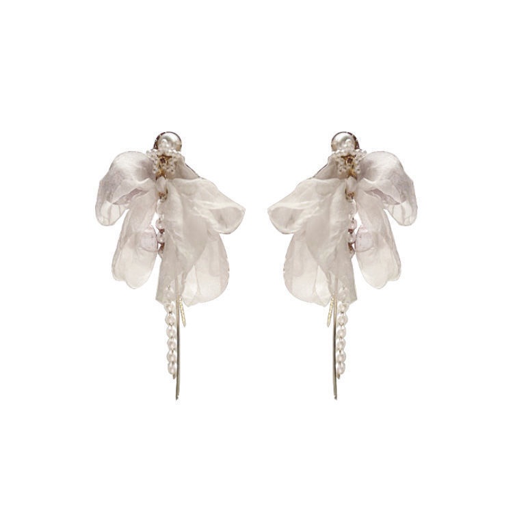 Bông Tai Bạc Dáng Dài Đính Ngọc Trai Phối Tua Rua Phong Cách Pháp Thời Trang Sang Trọng