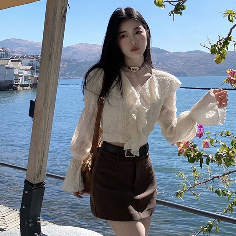 IELGY Áo Sơ Mi Ngắn Ôm Dáng Viền Bèo Nhún Lãng Mạn Ngọt Ngào Và Sang Trọng Cho Nữ