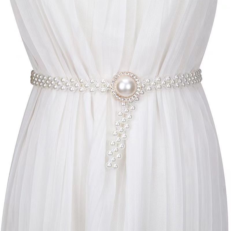 Thắt Lưng Chuỗi Hạt Ngọc Trai Co Giãn Trang Trí Đầm