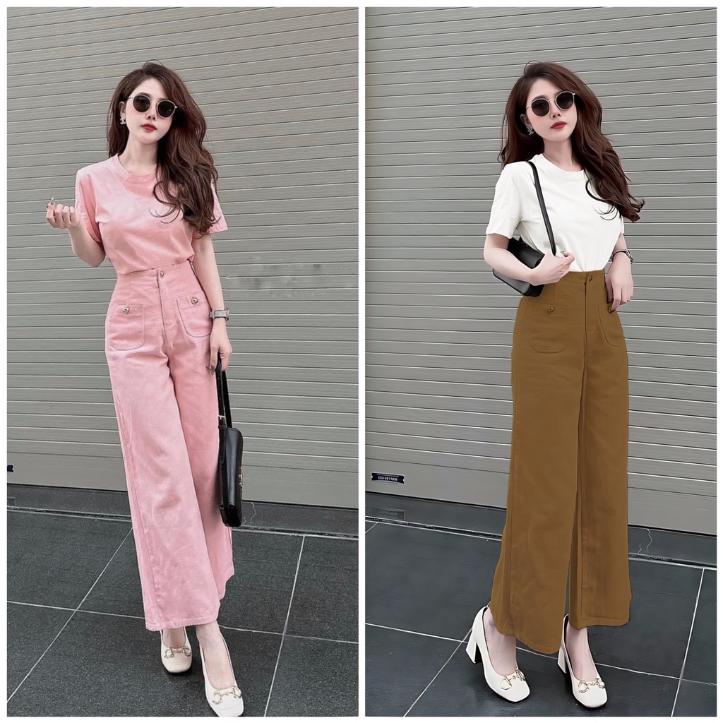 Quần ống rộng cạp cao 1 khuy - Quần ống suông chất liệu kaki giấy phối 2 túi trước