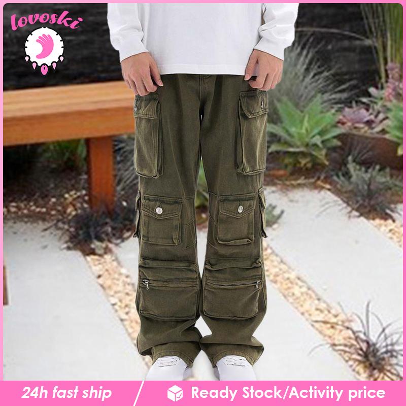 Quần Dài Ống Rộng Lưng Cao Có Túi Thời Trang Unisex