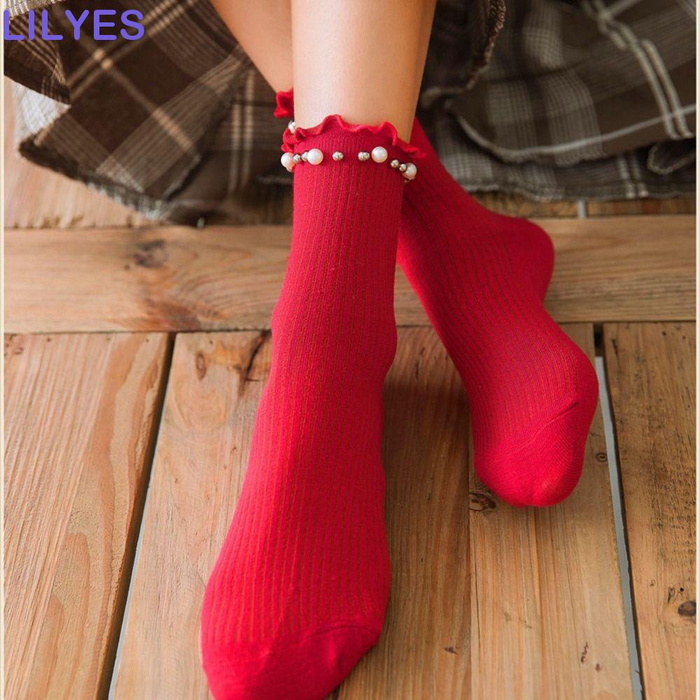 Lilyes Đôi Vớ Cotton Họa Tiết Kẻ Sọc Dọc Phối Ren Ấm Áp Phong Cách Sinh Viên Đáng Yêu Dành Cho Nữ