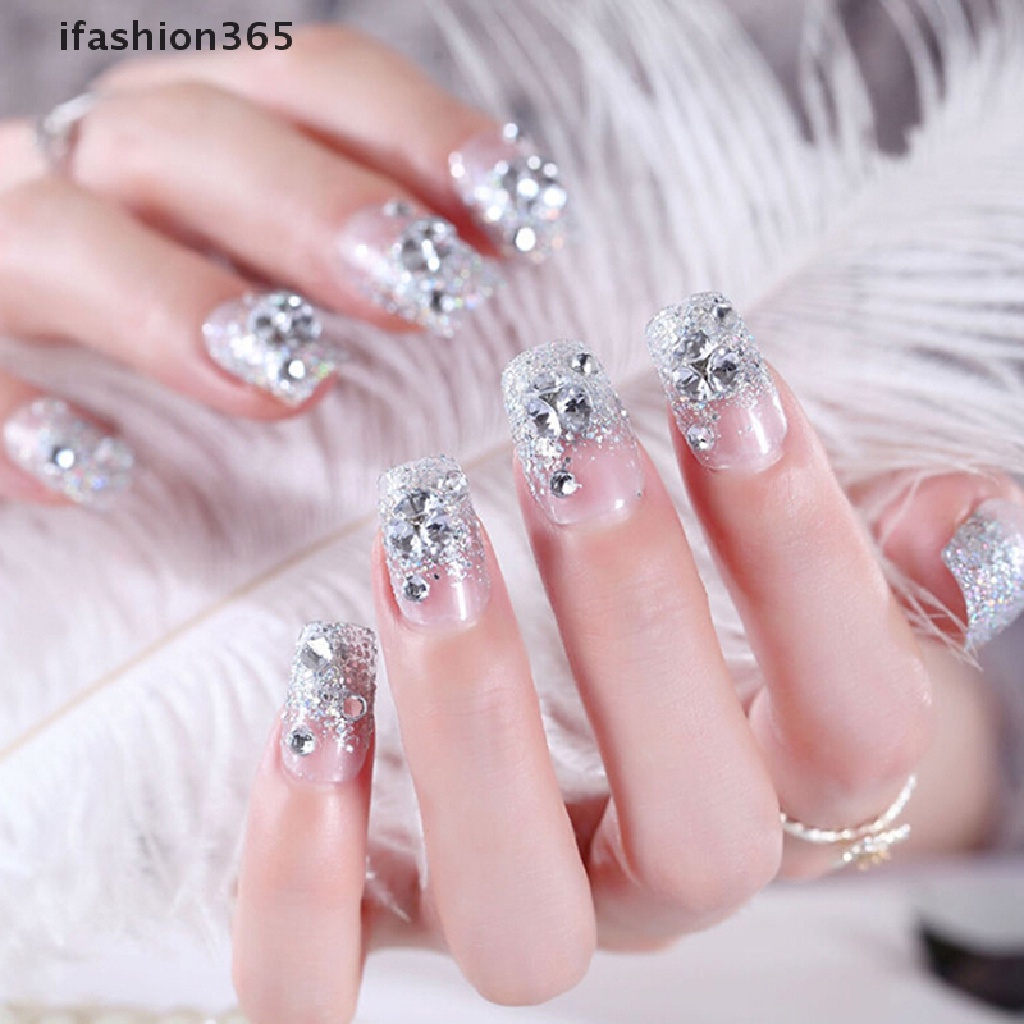 Set 24 Móng Tay Giả Bằng Acrylic Màu Trắng Bạc Thời Trang ifashion365