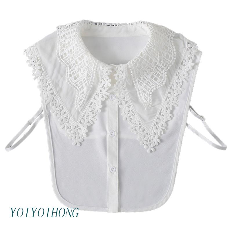 Yoi Cổ Áo Giả Hai Lớp Vải Voan Phối Ren Hoa Rỗng Cỡ Lớn Có Thể Tháo Rời Trang Trí Kiểu Hàn Quốc Cho Nữ