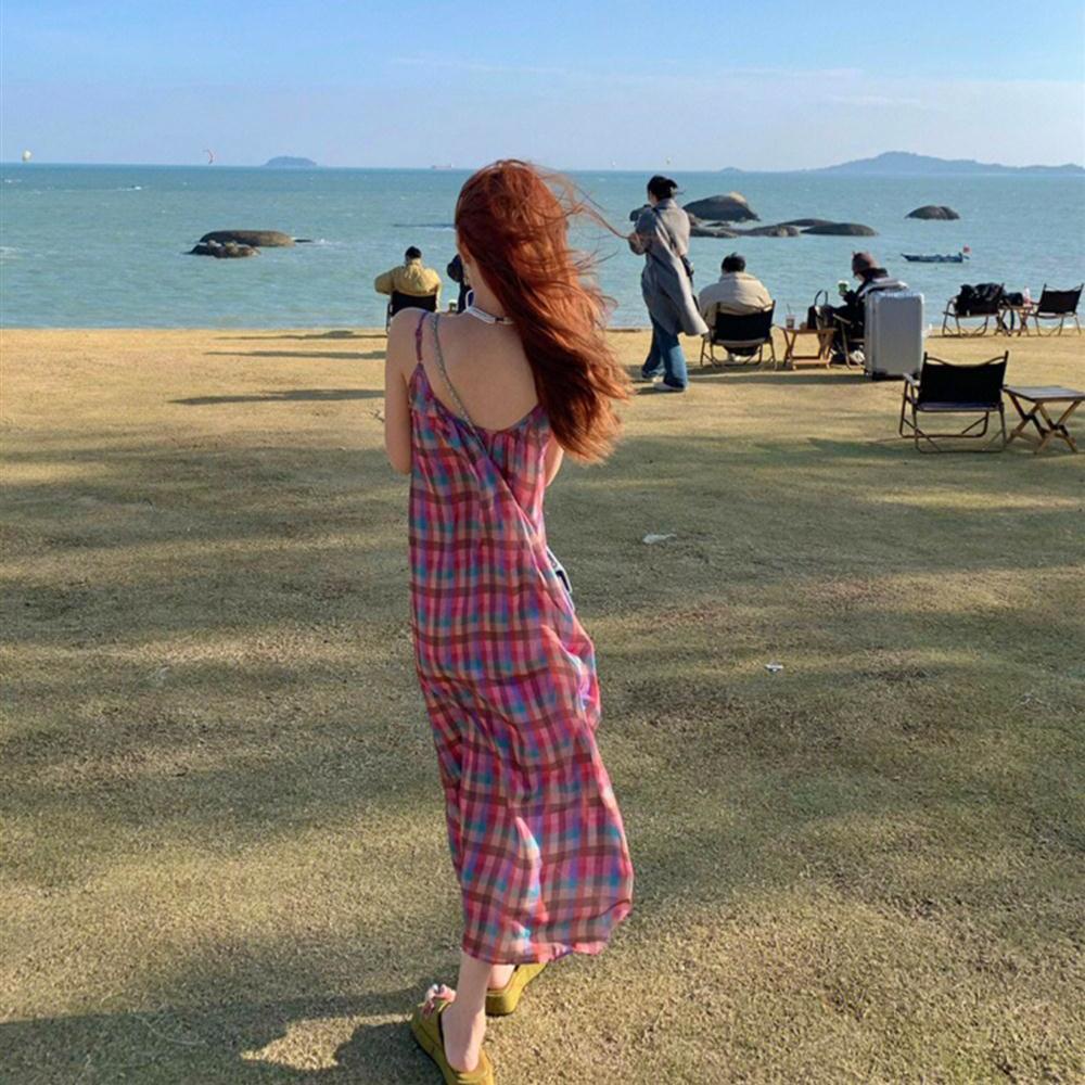 Đầm Dáng Chữ A Lưng Cao Họa Tiết Sọc Caro Phong Cách Pháp Thời Trang Cho Nữ