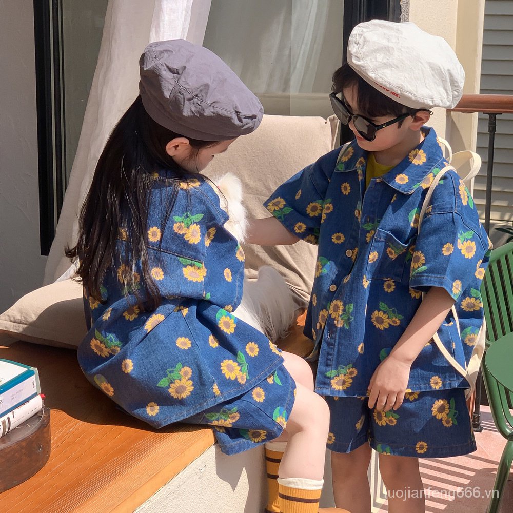 Bộ đồ denim gồm áo tay ngắn + quần short ống rộng in họa tiết phong cách Hàn Quốc thời trang mùa hè 2023 cho trẻ em XA1F