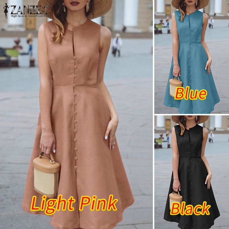 ZANZEA Đầm Chữ A Không Tay Cổ Tròn Thời Trang Nữ Tính
