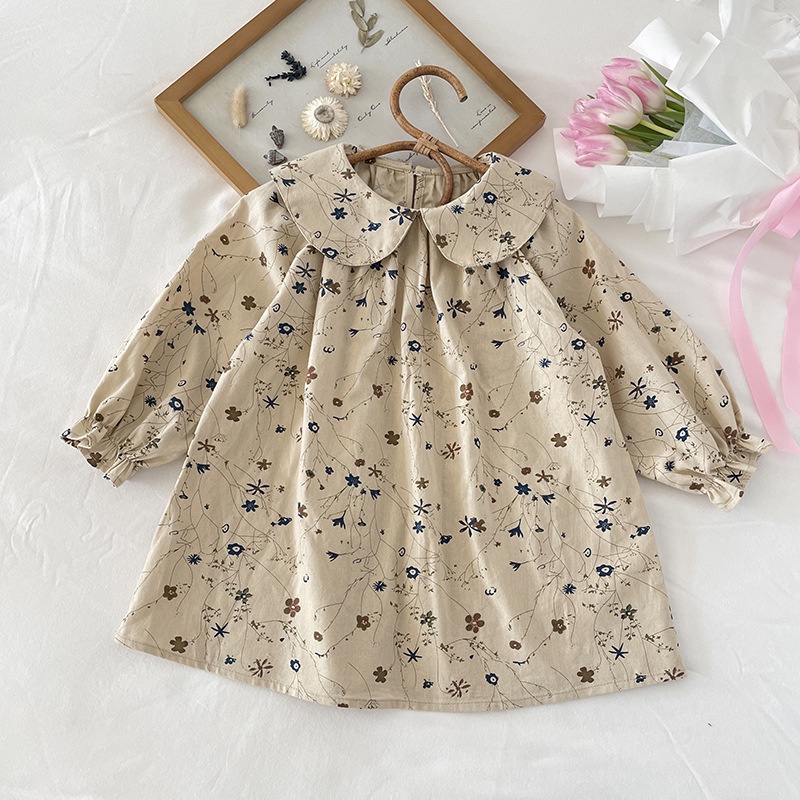 Hàng Có Sẵn Đầm Cotton Nguyên Chất Tay Dài Cổ Búp Bê In Hoa Thời Trang Hàn Quốc Ngọt Ngào Cho Bé Gái