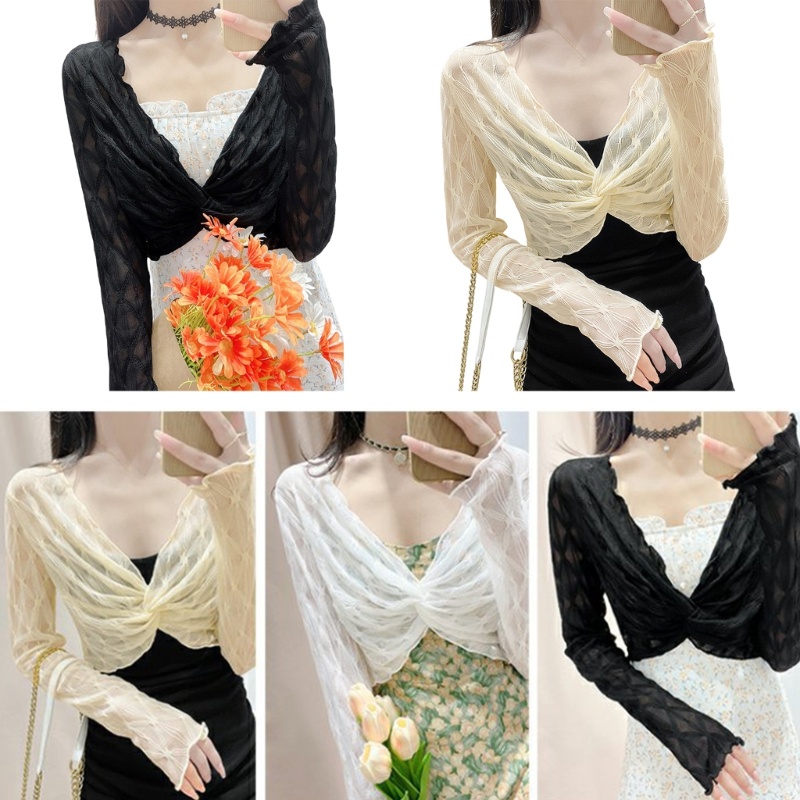 Ivy Áo Khoác Cardigan Ren Lưới Xuyên Thấu Dài Tay Hở Trước Kiểu Gợn Sóng Nhẹ Nhàng Cho Nữ