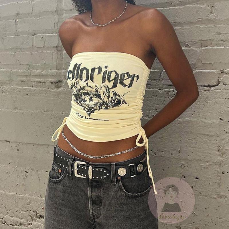 Áo Ống Dây Rút In Chữ Thời Trang Mùa Hè Dành Cho Nữ