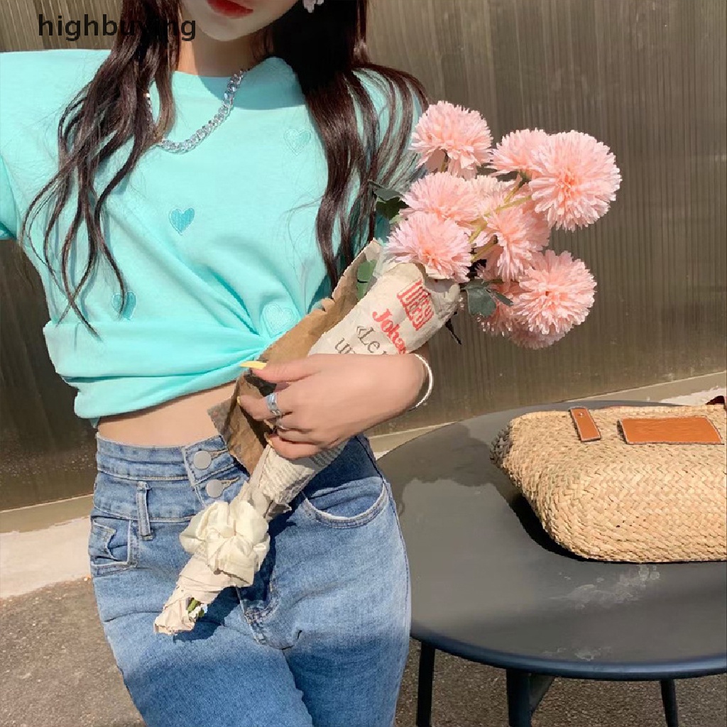 Áo Thun Tay Ngắn Cổ Tròn Thêu Hình Trái Tim Thời Trang Mùa Hè Cho Nữ