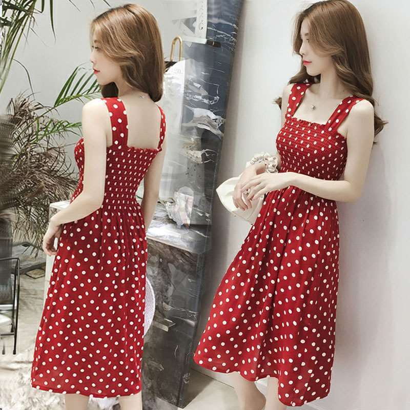 Đầm Hai Dây Ôm Dáng Họa Tiết Chấm Bi Đỏ Phong Cách Hàn Quốc Cho Nữ