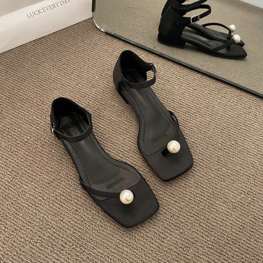 Giày Sandal Gót Dày Mũi Vuông Quai Đính Ngọc Trai Đơn Giản Dễ Phối Đồ Thời Trang Mùa Hè Cho Nữ Crush157