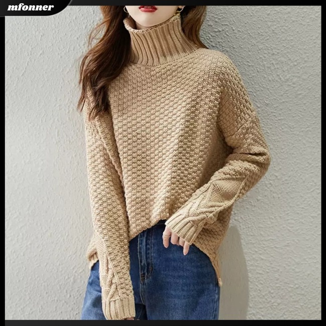 Áo Sweater Dệt Kim Cổ Lọ Tay Dài Màu Trơn Thiết Kế Đơn Giản Thanh Lịch Thời Trang Cho Nữ