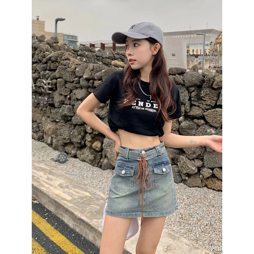 Chân Váy Denim Chữ a Lưng Cao Cột Dây Phong Cách Retro Mỹ Thời Trang Xuân Hè 2023 Có 4 Màu Size S-xl