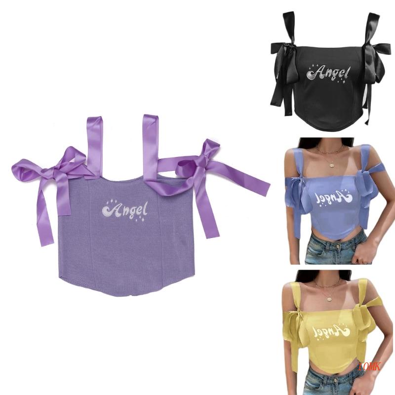 Xiangbao Áo Crop Top Dệt Kim Hai Dây Ruy Băng Thắt Nơ Thêu Chữ Thiên Thần Harajuku Nec Cho Nữ