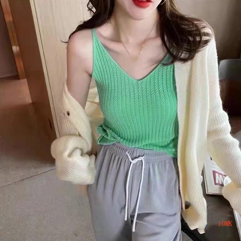 Áo Croptop Dệt Kim Hai Dây Cổ Chữ V Màu Trơn Thời Trang Cho Nữ