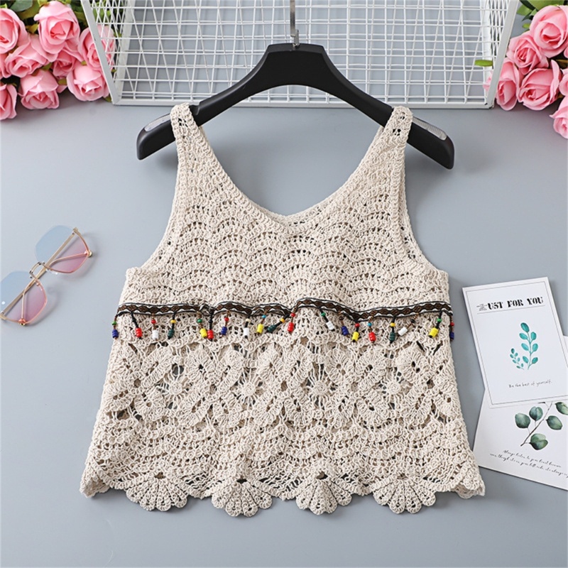 Áo Croptop Dệt Kim Không Tay Khoét Lỗ Đính Hạt Nhiều Màu Sắc Cho Nữ Tri