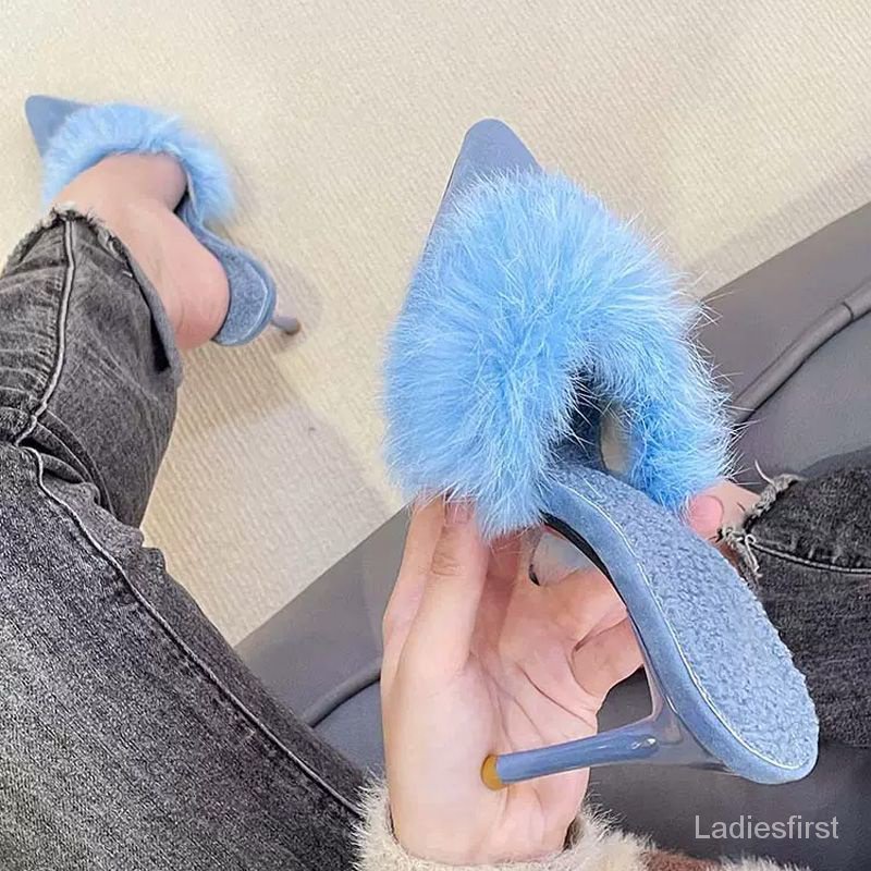 Dép Cao Gót Phối Lông Thời Trang Thu Đông 2022 Mới