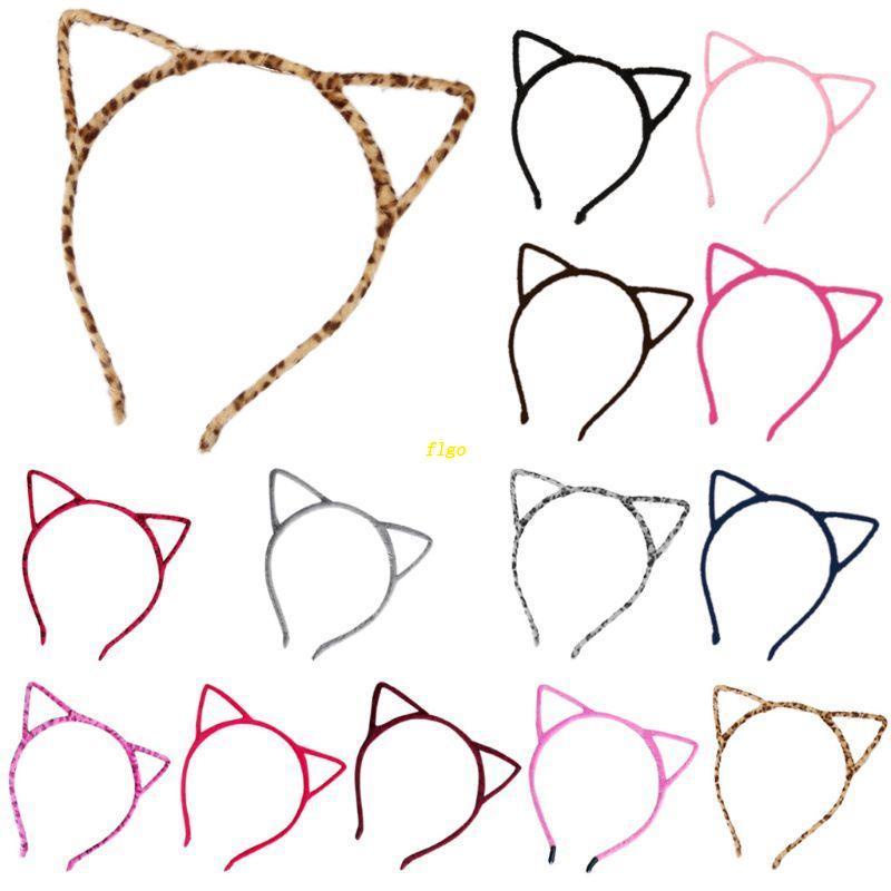 Băng Đô Tai Mèo Bằng Vải Bông Co Giãn Màu Trơn Họa Tiết Da Báo Dễ Thương Dành Cho Bạn Nữ Par