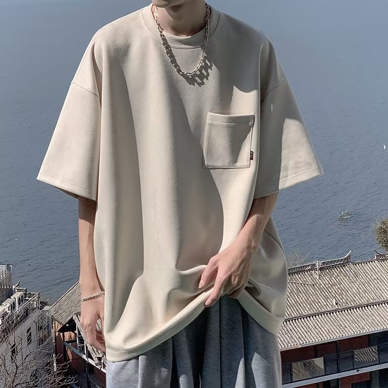 Áo Thun Lông Cừu Tay Ngắn Cổ Tròn Phối Túi Thời Trang Mùa Hè Phong Cách Nhật Bản Cho Nam